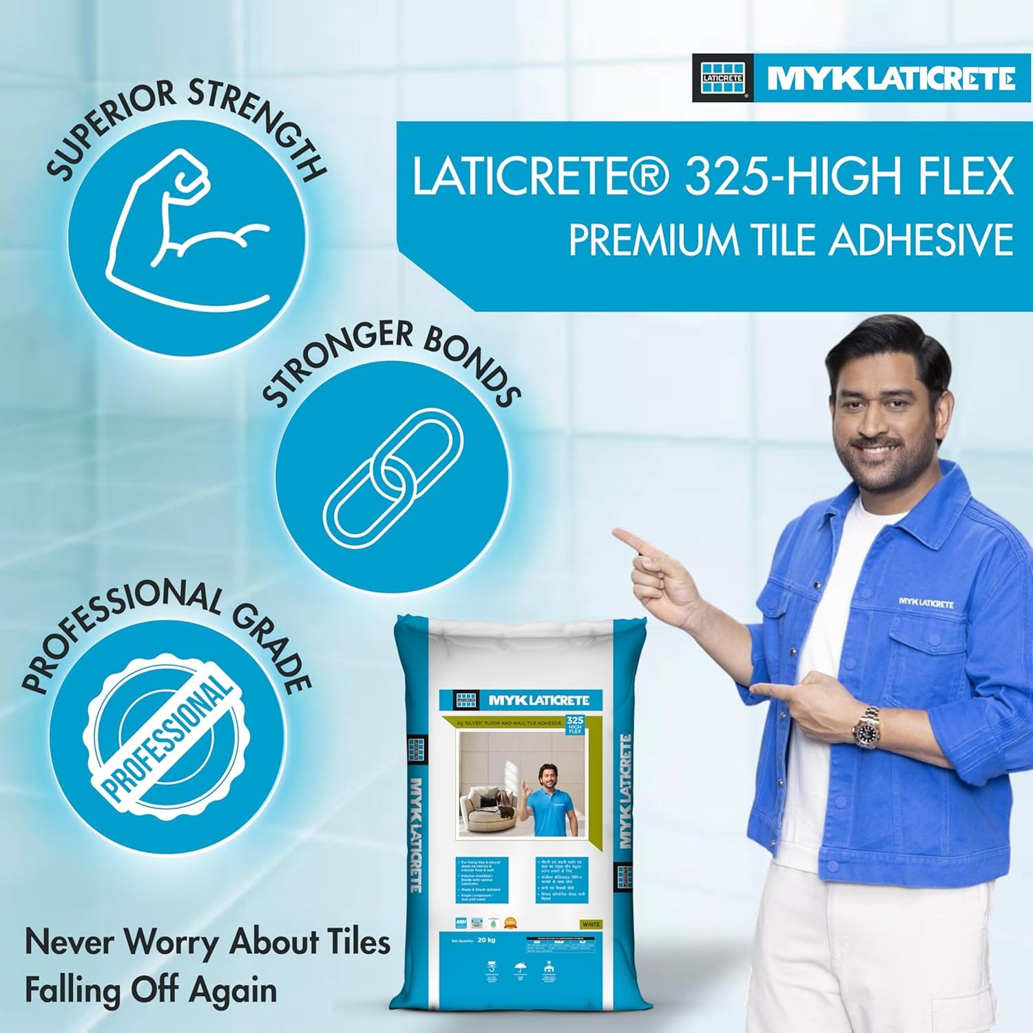 MYK LATICRETE 325-High Flex Polymer Modified Tile Adhesive (20KG, Grey) For Installing Ceramic, Vitrified Tiles on Interior & Exterior Floor & Wall |Ideal for Wet Areas like Swimming Pool, Bathroom - Image 3