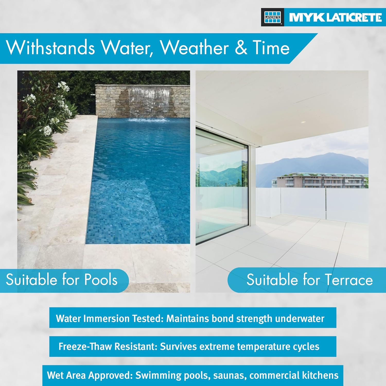 MYK LATICRETE 325-High Flex Polymer Modified Tile Adhesive (20KG, Grey) For Installing Ceramic, Vitrified Tiles on Interior & Exterior Floor & Wall |Ideal for Wet Areas like Swimming Pool, Bathroom - Image 2