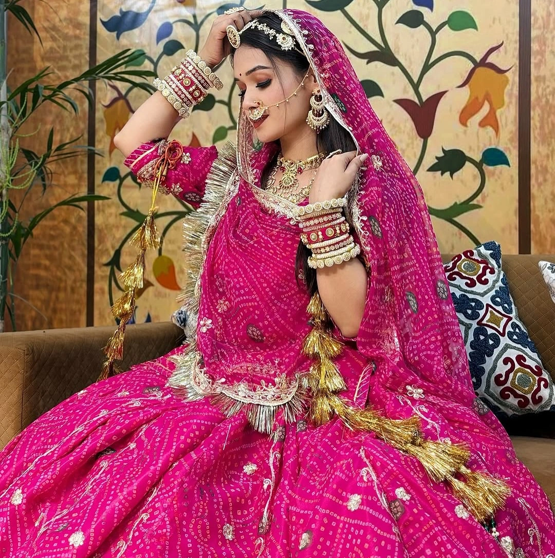 Maharani Pink Boutique Bandhej Wedding Poshak Set