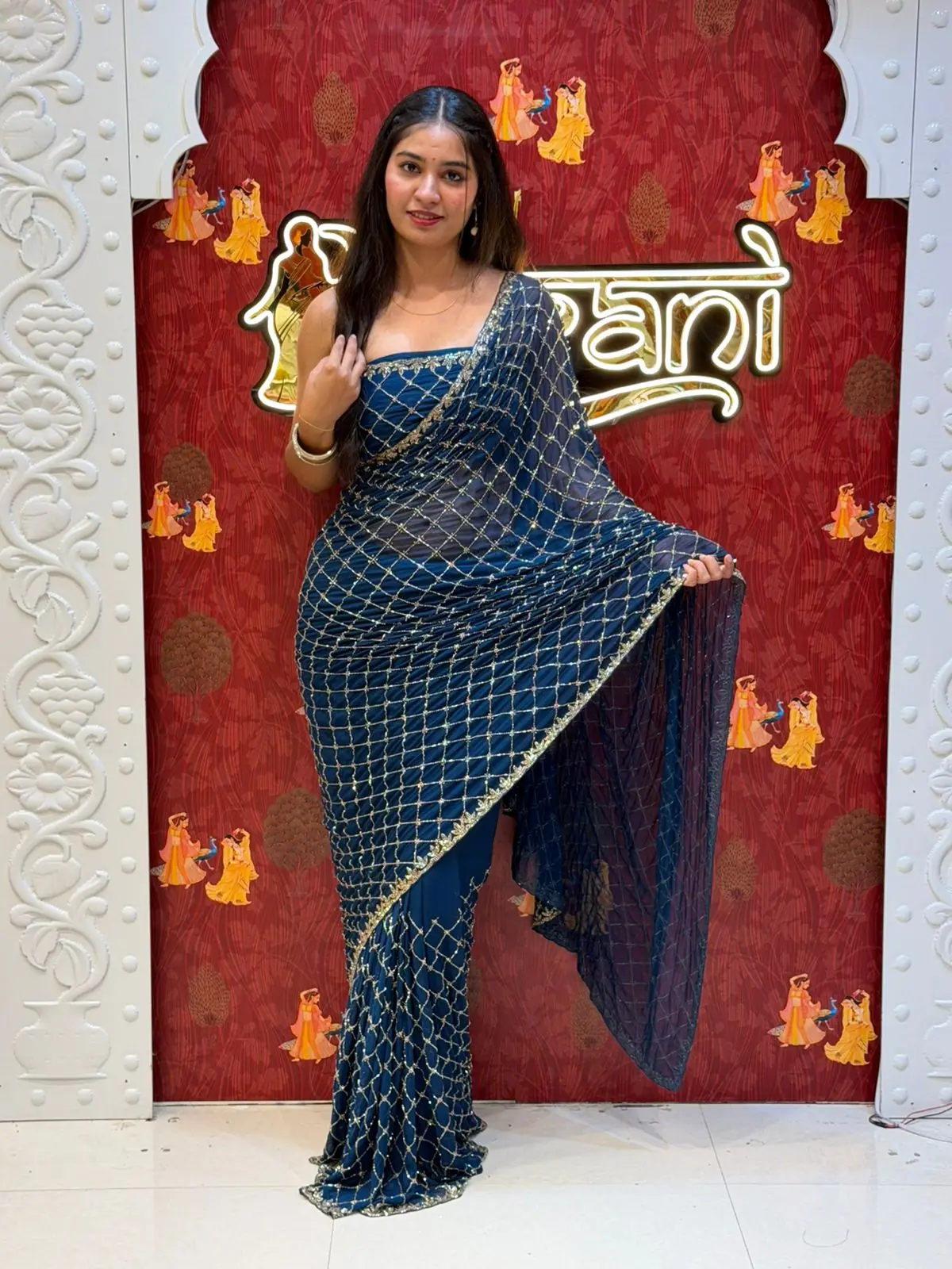 All Checks Saree – Peacock Blue - Image 3