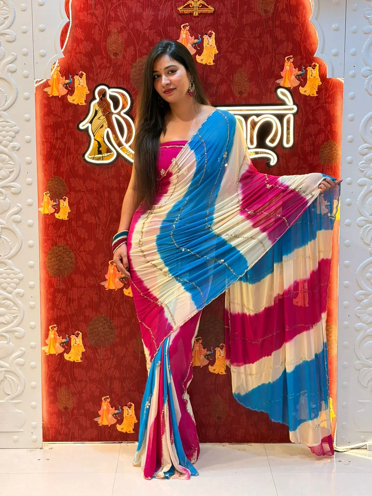 Pink Blue Stripped Saree - Image 3