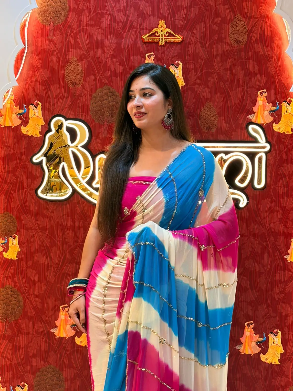 Pink Blue Stripped Saree - Image 2