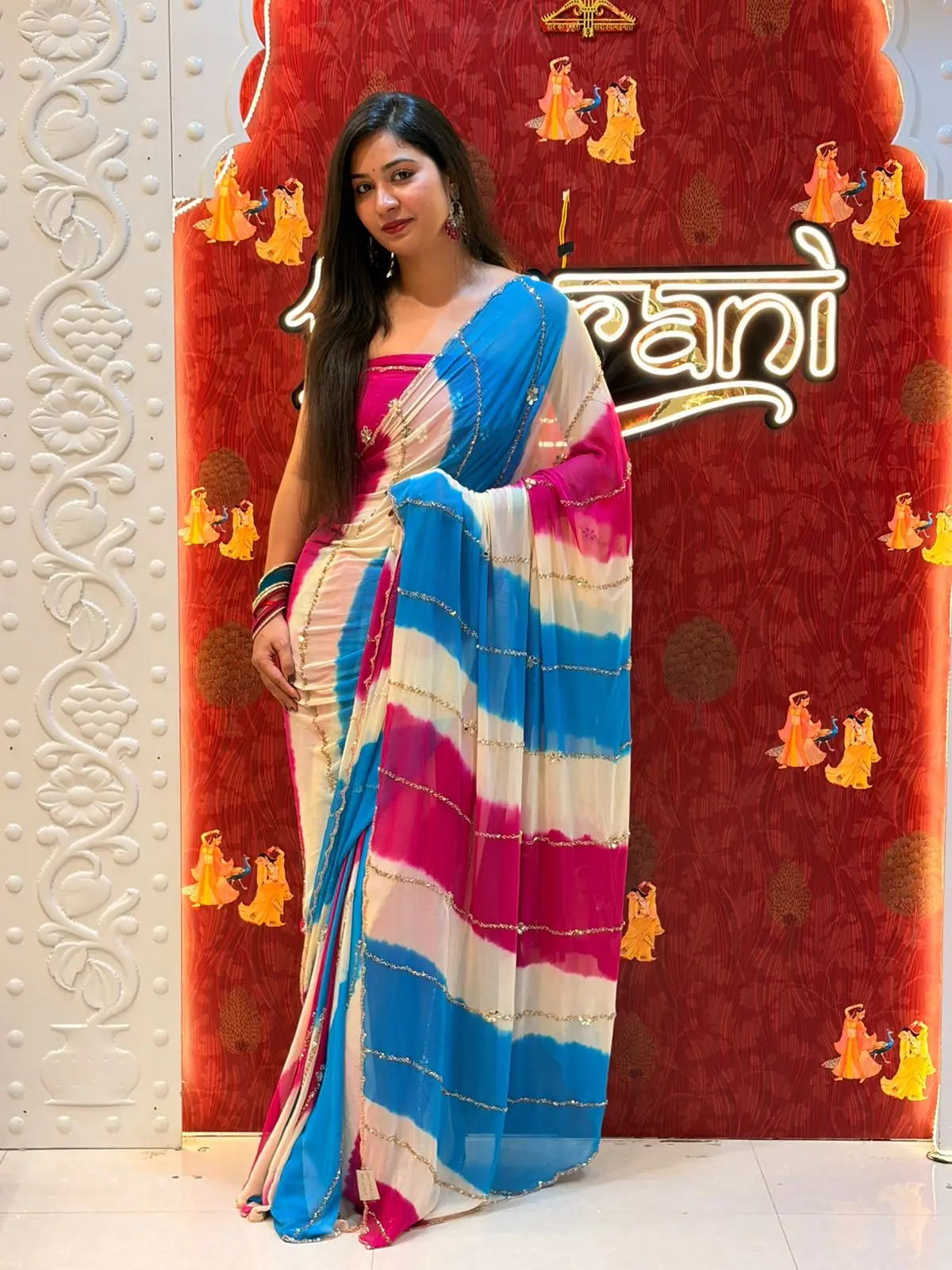 Pink Blue Stripped Saree