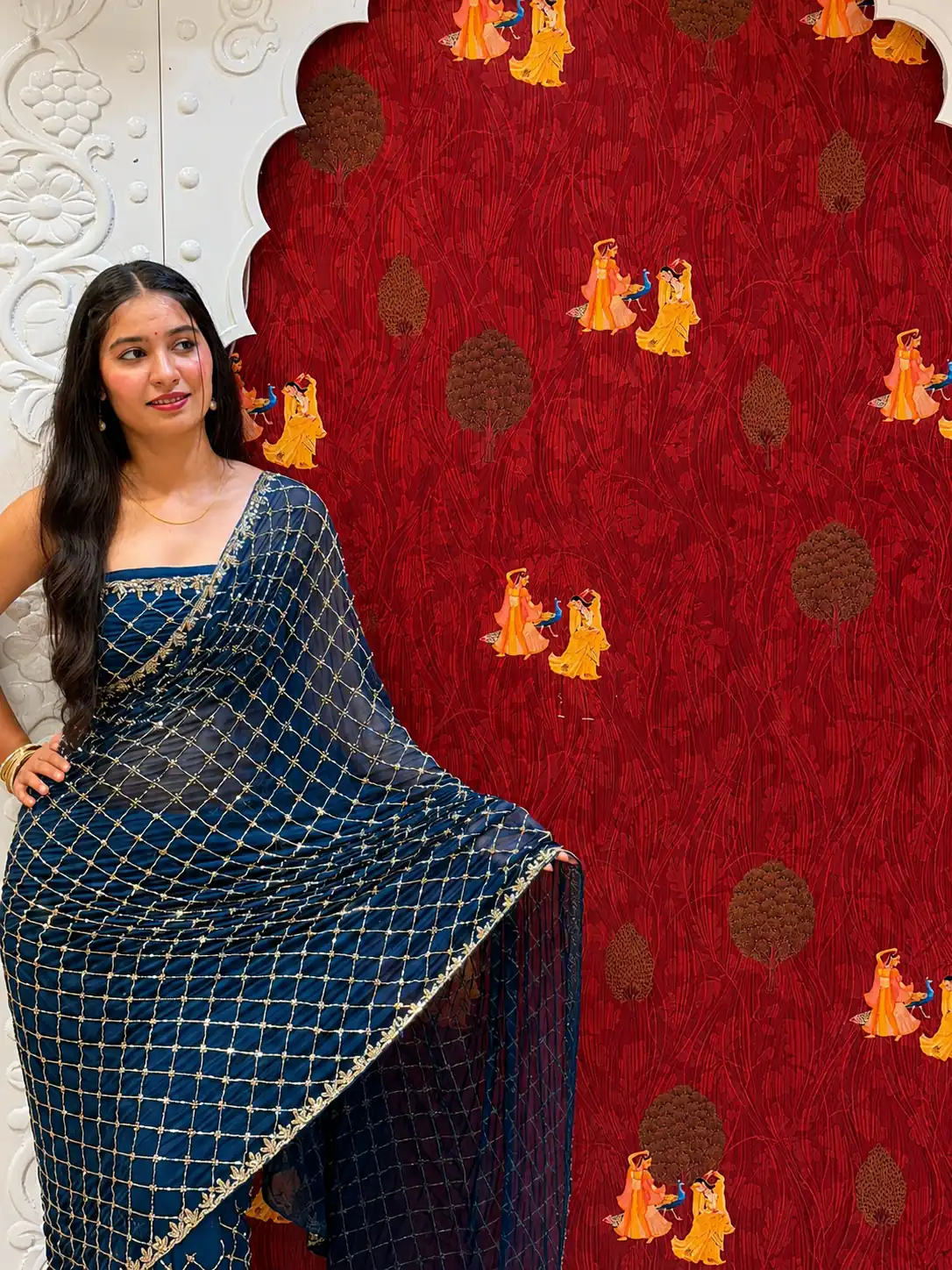 All Checks Saree – Peacock Blue - Image 2