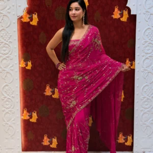 Zarkin Jaal Chiffon Saree – Rani Pink