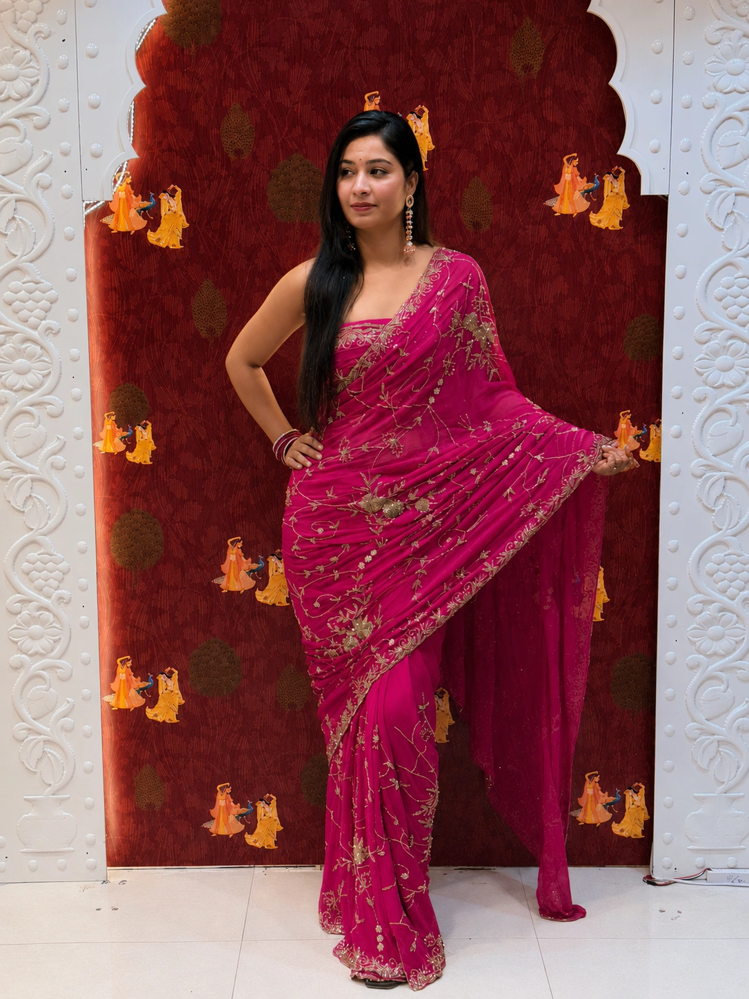 Zarkin Jaal Chiffon Saree – Rani Pink