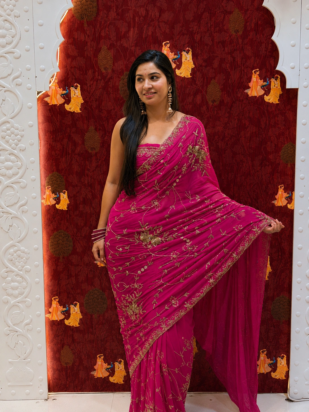 Zarkin Jaal Chiffon Saree – Rani Pink - Image 4