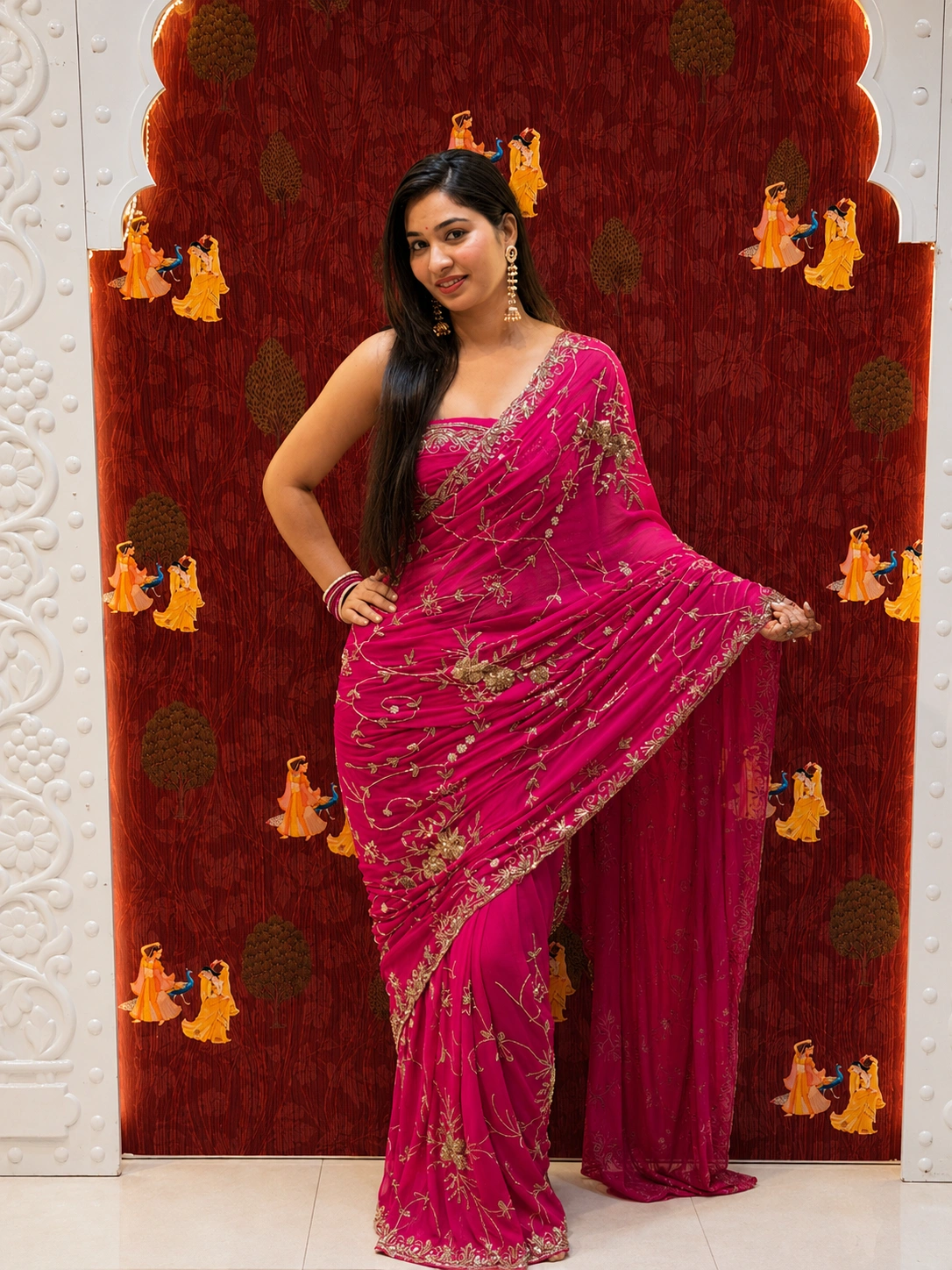 Zarkin Jaal Chiffon Saree – Rani Pink - Image 3