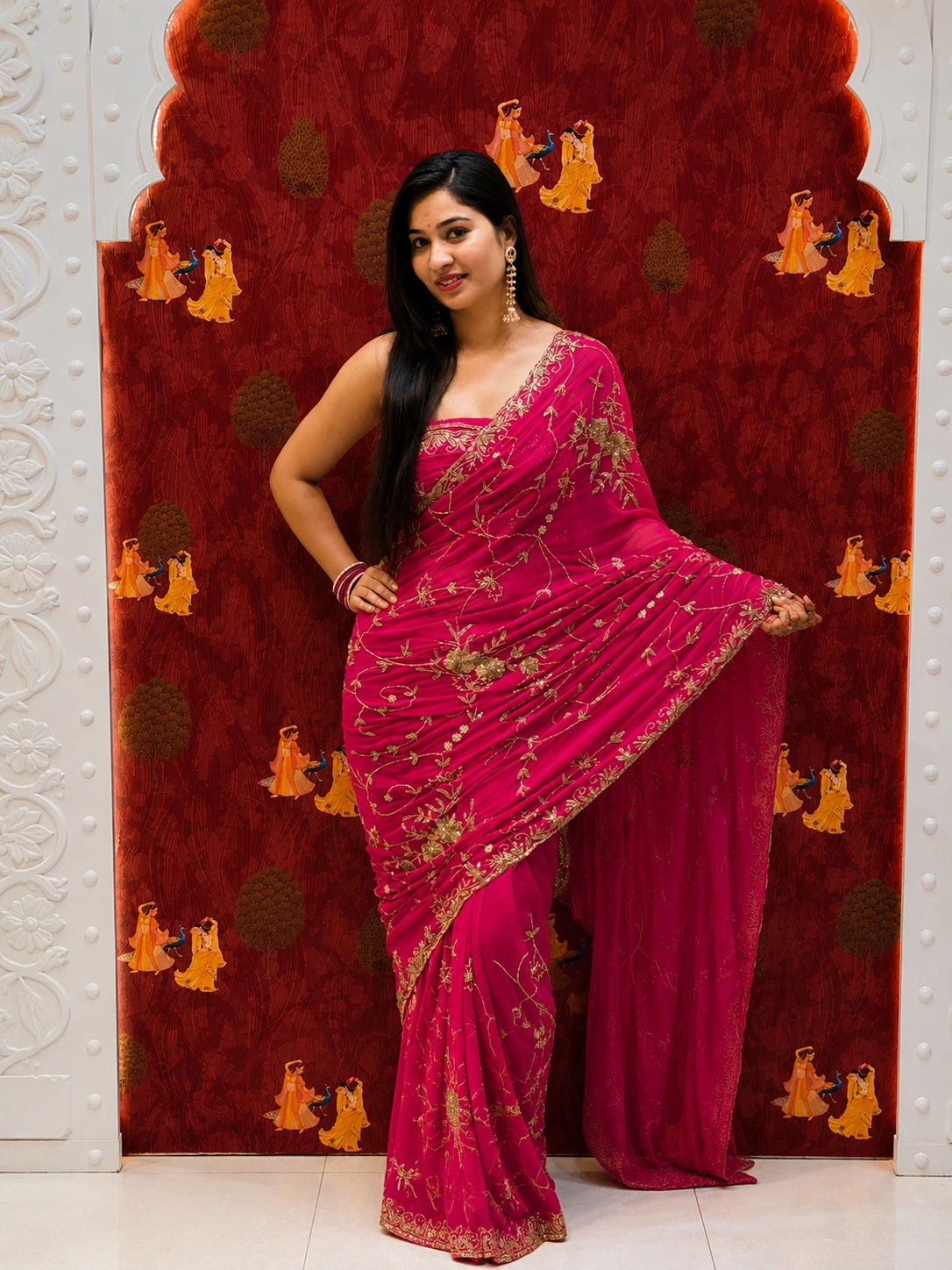 Zarkin Jaal Chiffon Saree – Rani Pink - Image 2