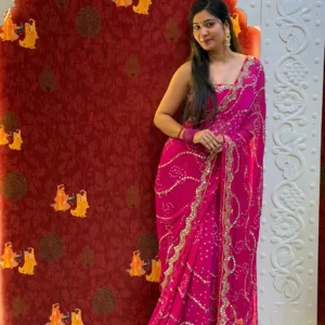 Bandhej Mirror Chiffon Saree – Rani Pink