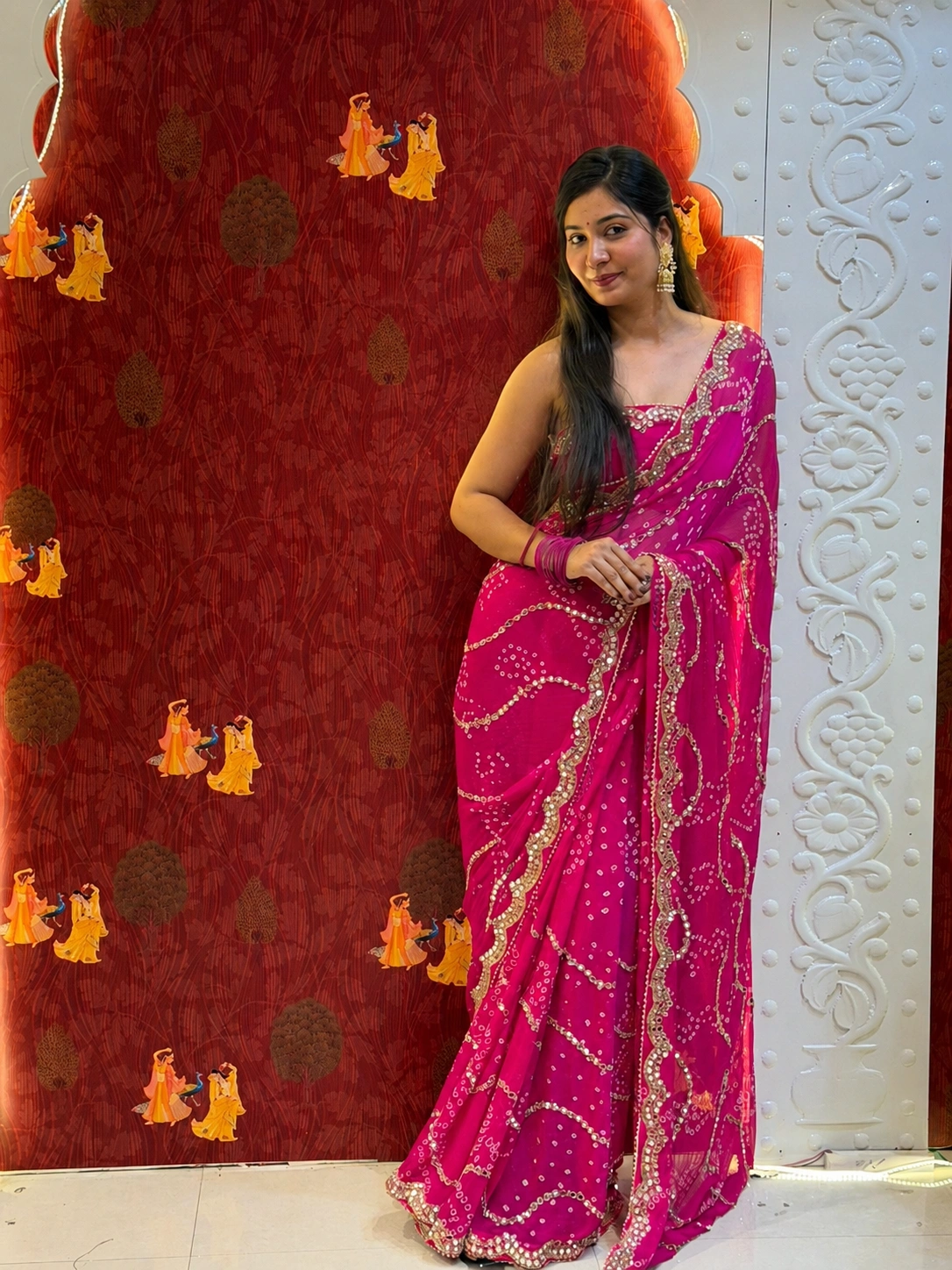 Bandhej Mirror Chiffon Saree – Rani Pink