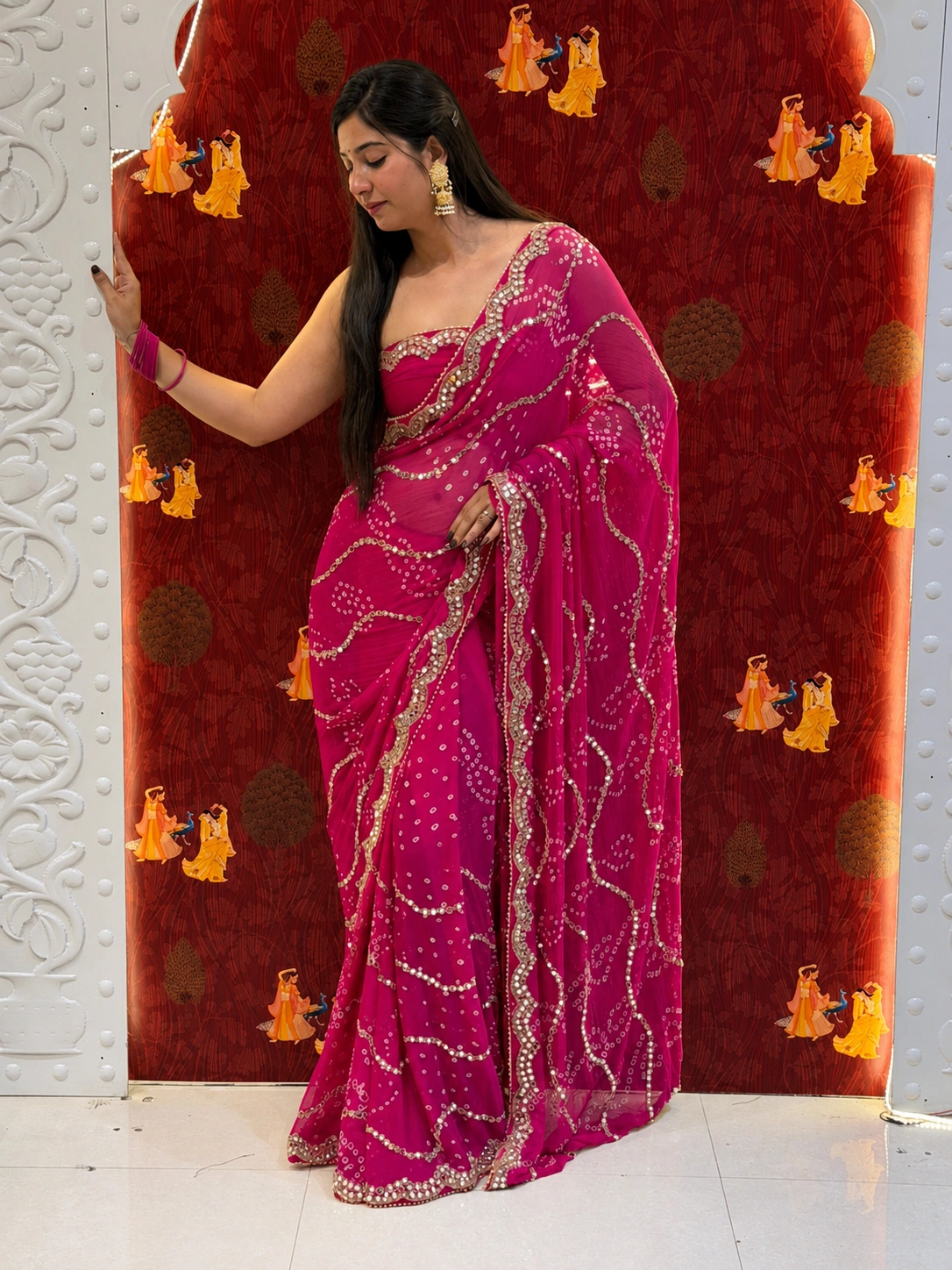 Bandhej Mirror Chiffon Saree – Rani Pink - Image 2