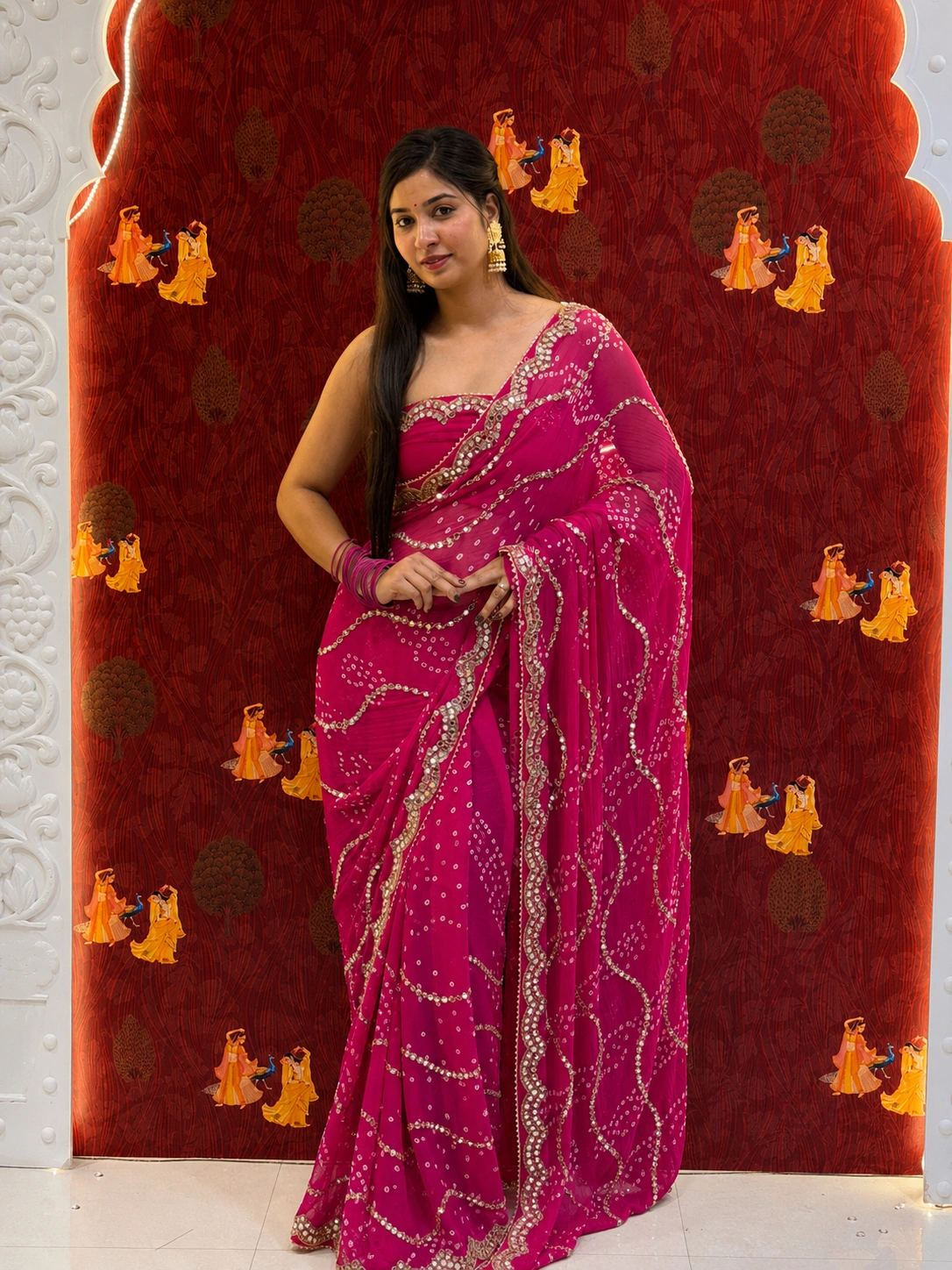 Bandhej Mirror Chiffon Saree – Rani Pink - Image 3
