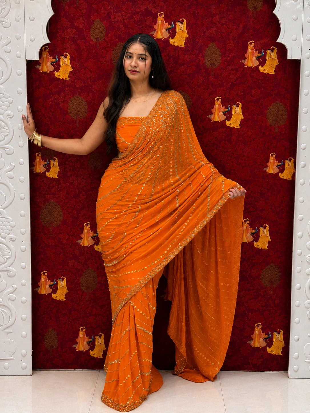 Surajmukhi Elegance Saree – Fanta Orange Pure Chiffon with Sequence - Image 3