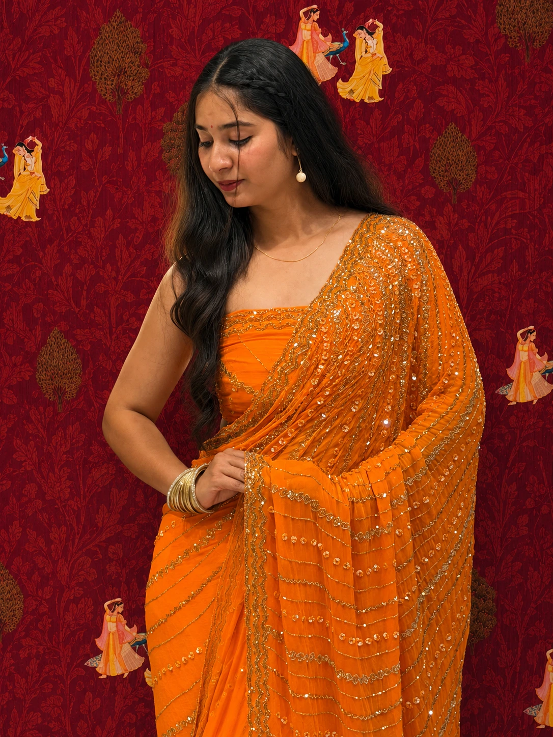 Surajmukhi Elegance Saree – Fanta Orange Pure Chiffon with Sequence - Image 4